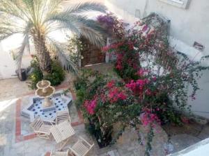 eine Terrasse mit Blumen, einem Tisch und Stühlen in der Unterkunft Suite MoonLight zone touristique tozeur in Tozeur