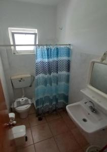ein Bad mit einem WC und einem Duschvorhang in der Unterkunft Glaros Studios in Loutra Edipsou