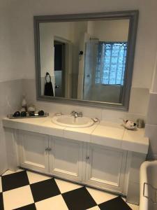 a bathroom with a sink and a large mirror at Lovely rental unit with No loadshedding in Sandton