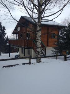 a log cabin with a deck in the snow at Chalet calme cosy Eyne station 2600 in Eyne