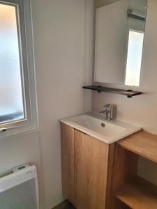 W łazience znajduje się umywalka i lustro. w obiekcie Mobilhome camping le MAR ESTANG w mieście Canet-en-Roussillon