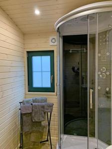 uma cabina de duche em vidro numa casa de banho com uma janela em La Roulotte du Moulin de Rebets 