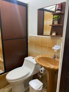 La salle de bains est pourvue de toilettes, d'un lavabo et d'un miroir. dans l'établissement Departamento amoblado centro Manta, à Manta