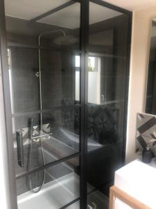 a bathroom with a shower with a glass door at L Antre Vous in Mons