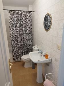 ein Badezimmer mit Toilette, Waschbecken und Duschvorhang in der Unterkunft Céntrico y amplio piso con plaza parking in Cangas