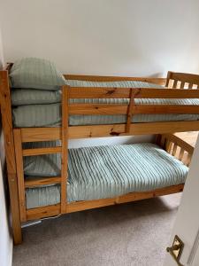 チェスターにある2 Bed Cottage Chesterの木製の二段ベッド(緑の枕付)