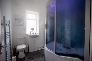 a bathroom with a shower with a toilet and a sink at Cavendish Cat and Gaming House in Blackpool
