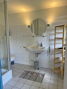 a bathroom with a sink and a mirror and a toilet at "Haus am Meer"Fewo 2 - a71226 in Butjadingen