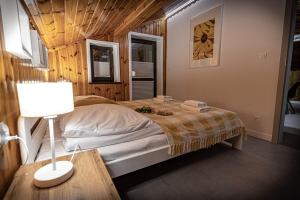 a bedroom with a bed and a table with a lamp at Apartamenty MIODZIO in Szczyrk