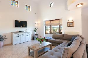 sala de estar con sofá y TV en Villa Sevdas, en Perama