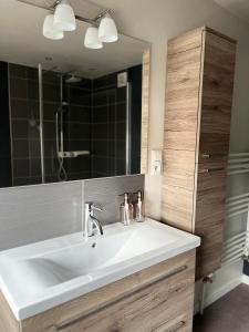 ein Badezimmer mit einem weißen Waschbecken und einem Spiegel in der Unterkunft Little gate in Ypern
