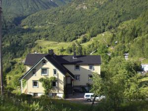 a house with trees and houses on the side of the hill at Lunheim in Geiranger in Geiranger