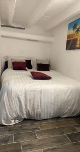 a bedroom with a large white bed with red pillows at Studio individuel près de Paris in Mantes-la-Jolie