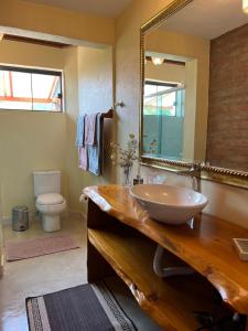 W łazience znajduje się umywalka, lustro i toaleta. w obiekcie Clorofila Hospedaria w mieście São Bento do Sapucaí