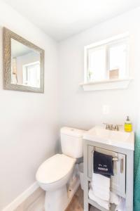 a bathroom with a toilet and a sink and a mirror at The Container Retreat @ 290 Wine Trail #1 Escape to Hye, TX in Hye