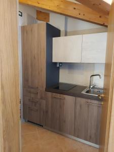 a kitchen with wooden cabinets and a sink at DOLOMITI appart&rooms in Varena