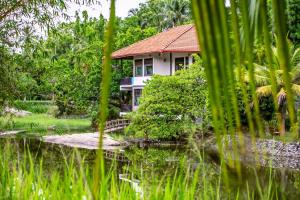 una casa en medio de un estanque con árboles en Ayurveda Paradise Maho en Yapahuwa