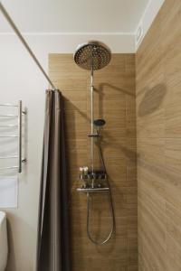 a shower with a shower head in a bathroom at Rozenstein design residence in Brocēni