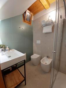 een badkamer met een wastafel, een toilet en een douche bij I GELSI - Holiday Home in Lago