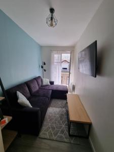 uma sala de estar com um sofá roxo e uma televisão em Coeur de Cauterets appartement 53m² 4/6 personnes em Cauterets
