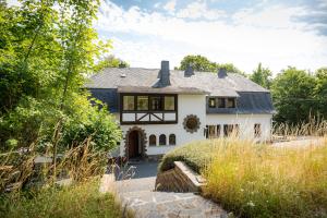 una casa blanca con techo negro en Landhaus Karbach komplett oder einzelne Wohneinheiten Villa inkl Sauna bzw Waldhäuschen, en Hirten