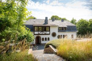 a white house with a black roof at Landhaus Karbach komplett oder einzelne Wohneinheiten Villa inkl Sauna bzw Waldhäuschen in Hirten