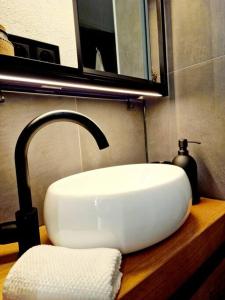 a bathroom sink with a faucet on a counter at Stilvolle Maisonette Wohnung in Karlsruhe