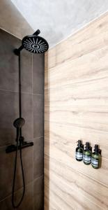 a bathroom with a shower with three bottles on the wall at Stilvolle Maisonette Wohnung in Karlsruhe