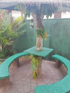 a green bench sitting in front of a tree at Ayansa in Homagama