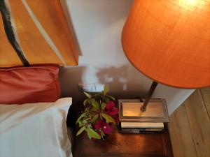 a nightstand with a lamp and a plant next to a bed at Stressfree Suite in Vila Nova de Milfontes