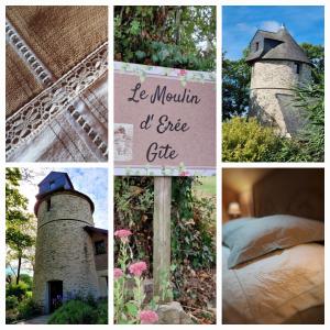 a collage of pictures with a castle and a sign at Le Moulin d' Erée, gîte Insolite de charme in Soudan