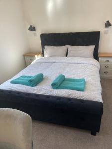 a bed with two green pillows on it at Jolly Sailors Retreat in Wells next the Sea