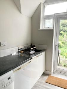 a kitchen with white cabinets and a window at Uplands & Channel View, Richmond Tce, Uplands in Swansea