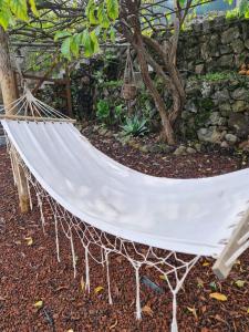a hammock in a garden next to a stone wall at Los Huertos Conect with the nature & relax in Icod de los Vinos