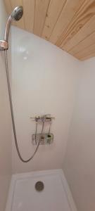 um chuveiro na casa de banho com uma cabeça de chuveiro em Roulotte La Chouette des Granges em Les Salles-Lavauguyon