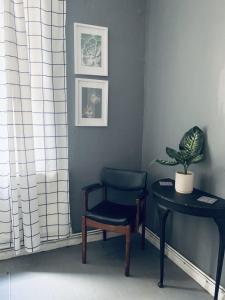 a room with a chair and a table and a plant at F1 16 Glanmor Cres in Swansea