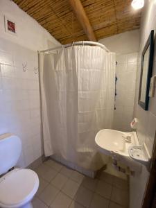 y baño con aseo, lavabo y ducha. en Cabaña Alta Vista en Tilcara