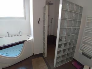 La salle de bains est pourvue d'une baignoire et d'une douche vitrée. dans l'établissement Chemin des Vignerons, à Metz
