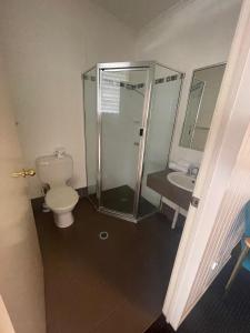 een badkamer met een douche, een toilet en een wastafel bij Dalby Hotel Motel in Dalby