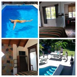 un collage de photos d'un homme nageant dans une piscine dans l'établissement Hosteria del Centro, à Santiago Atitlán