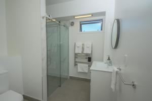 a bathroom with a shower and a sink and a mirror at Smith House in Whanganui