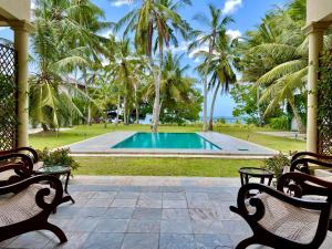 a swimming pool with two chairs and palm trees at Khomba Lodge in Tangalle