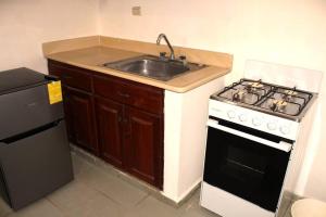 a kitchen with a sink and a stove at Dominican Suite 21, Amazing Apt/Studio (DS21) in San Felipe de Puerto Plata