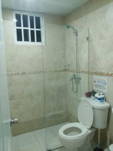 La salle de bains est pourvue de toilettes et d'une douche en verre. dans l'établissement Dominican Suite 21, Amazing Apt/Studio (DS21), à San Felipe de Puerto Plata