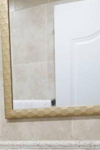 a mirror in a bathroom with a white door at Dominican Suite 23, Incredible 1 Bed Apt (DS23) in San Felipe de Puerto Plata