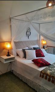 ein Schlafzimmer mit einem großen Bett mit Baldachin in der Unterkunft Flat Bela Vista in Macaé