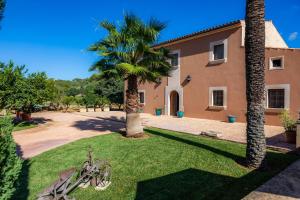 una casa con due palme e una bicicletta sull'erba di Villa Cas Cuni a Felanitx