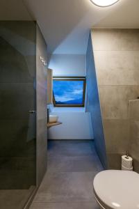 a bathroom with a toilet and a window at Welcome Apartments Spiez in Spiez
