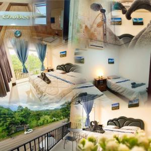 a room with two beds and a balcony at เกสต์เฮาส์ชูบีมา Guesthouse Chubeema Coffee & Tea in Ban Mai Ngae