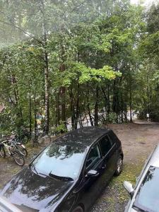un coche aparcado en un aparcamiento junto a los árboles en Sentral leilighet i Gamle Oslo, en Oslo